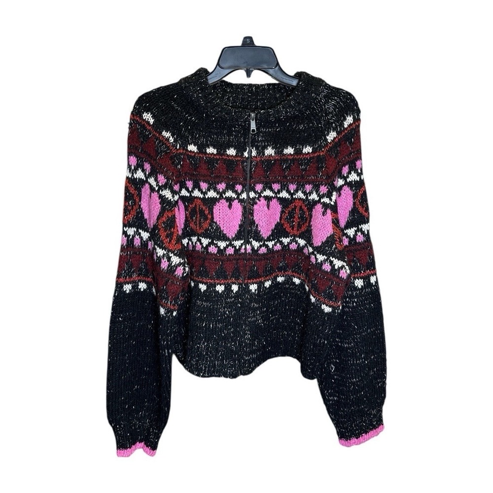 Pilcro Sweater Women Medium Black Pink Heart Peace Fair Isle Quarter‎ Zip EXCL